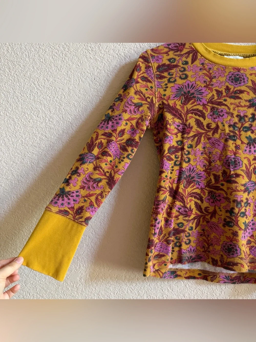 Sundance Roseanne Thermal Top Floral Waffle Knit Top Ochre Yellow Petite Small
